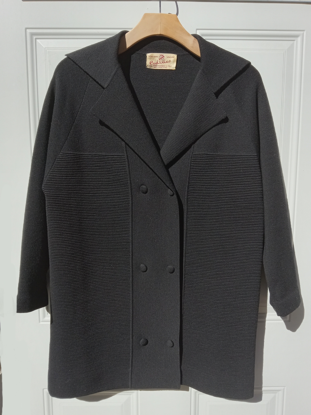 Vtg Cadillac Black Double-Breasted Knit Coat 100% Virgin Wool Size 14 Large
